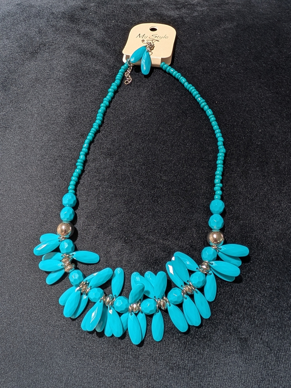 My Style Blue Beaded Statement Necklace Adjustable Ball/Bead & Earrings